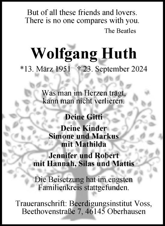 Traueranzeige von Wolfgang Huth von Tageszeitung