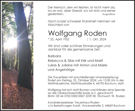 Traueranzeige von Wolfgang Roden von Tageszeitung