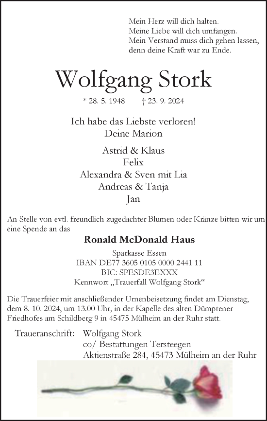 Traueranzeige von Wolfgang Stork von Tageszeitung