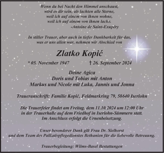 Traueranzeige von Zlatko Kopic von Tageszeitung