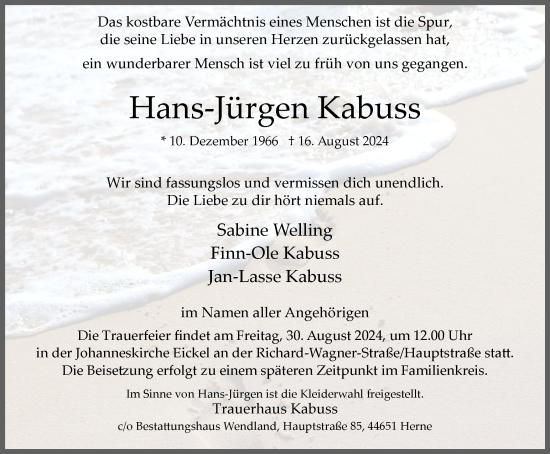 Traueranzeige von Hans-Jürgen Kabuss von FUNKE Medien NRW 