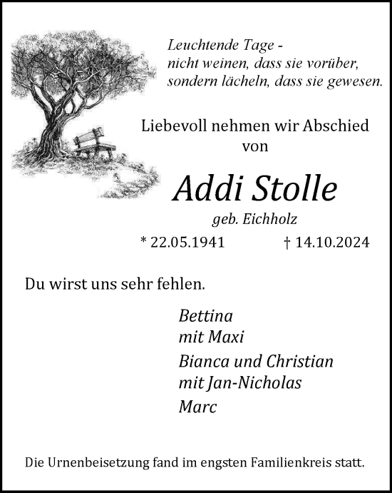 Traueranzeige von Addi Stolle von Tageszeitung