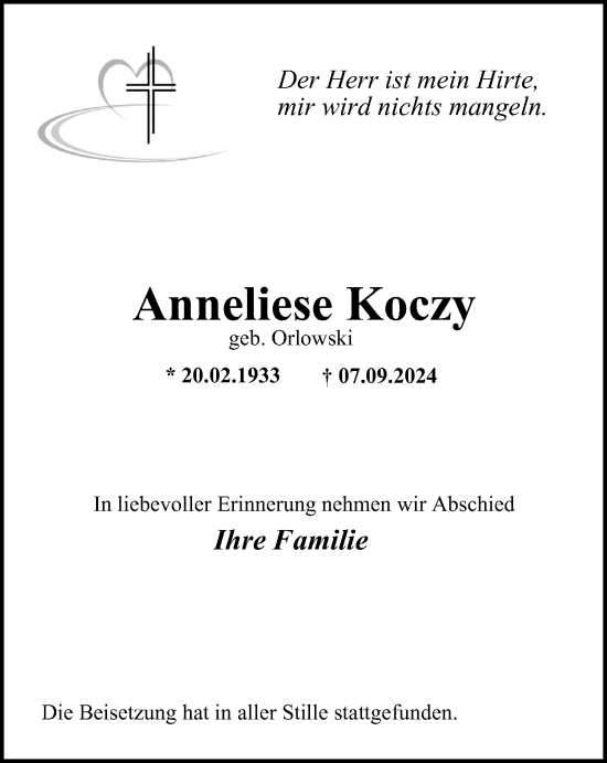 Traueranzeige von Anneliese Koczy von Tageszeitung