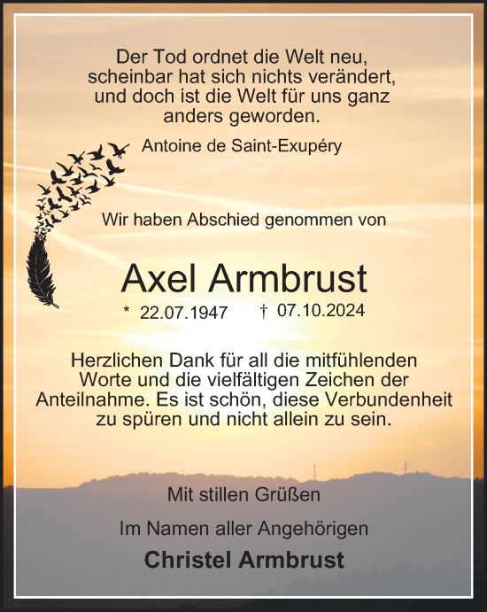 Traueranzeige von Axel Armbrust von Tageszeitung