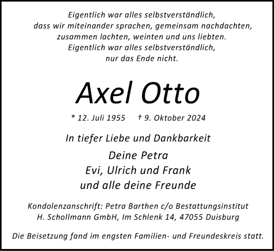 Traueranzeige von Axel Otto von Tageszeitung