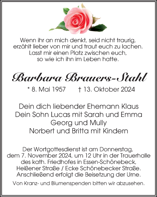 Traueranzeige von Barbara Brauers-Stahl von Tageszeitung