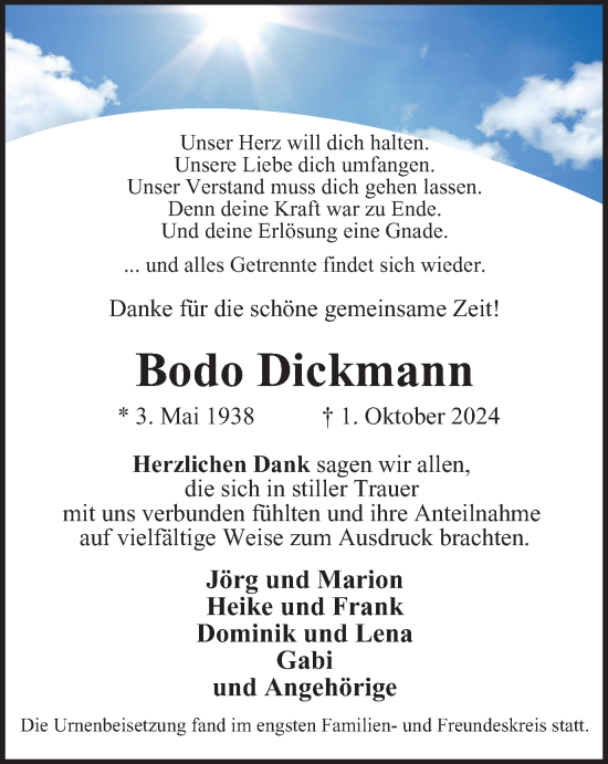 Traueranzeige von Bodo Dickmann von Tageszeitung