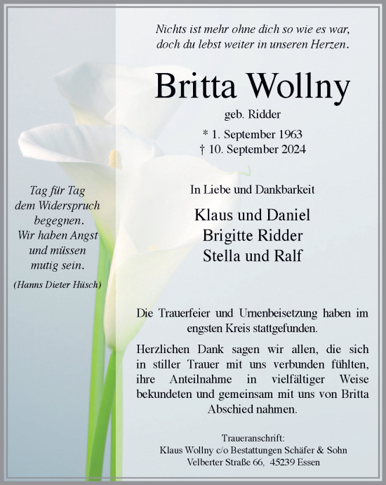 Traueranzeige von Britta Wollny von Tageszeitung