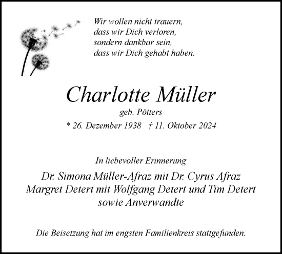 Traueranzeige von Charlotte Müller von Tageszeitung