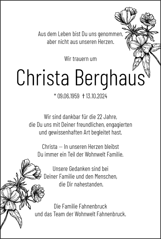 Traueranzeige von Christa Berghaus von Tageszeitung