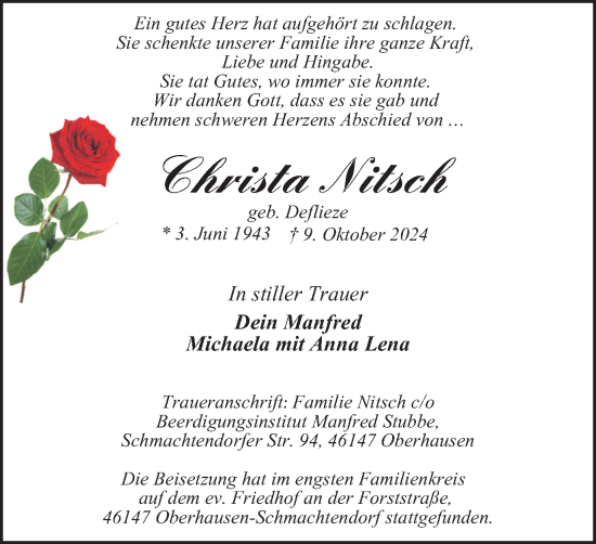Traueranzeige von Christa Nitsch von Tageszeitung