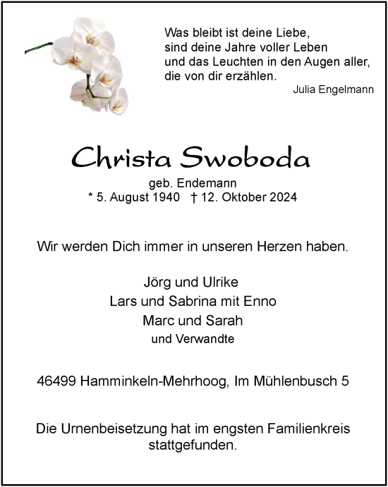Traueranzeige von Christa Swoboda von Tageszeitung