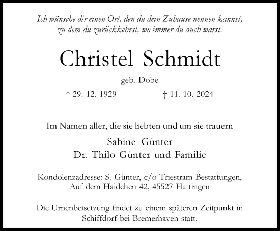 Traueranzeige von Christel Schmidt von Tageszeitung