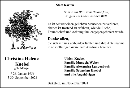 Traueranzeige von Christine Helene Knebel von Tageszeitung