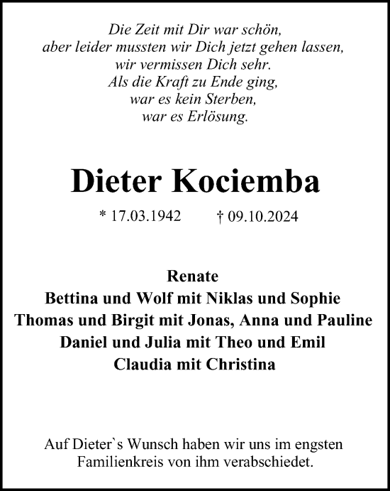 Traueranzeige von Dieter Kociemba von Tageszeitung