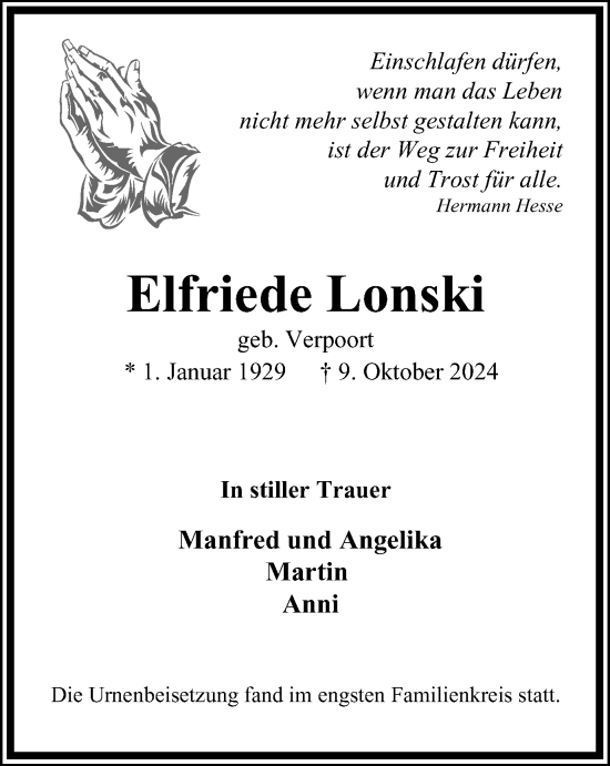 Traueranzeige von Elfriede Lonski von Tageszeitung