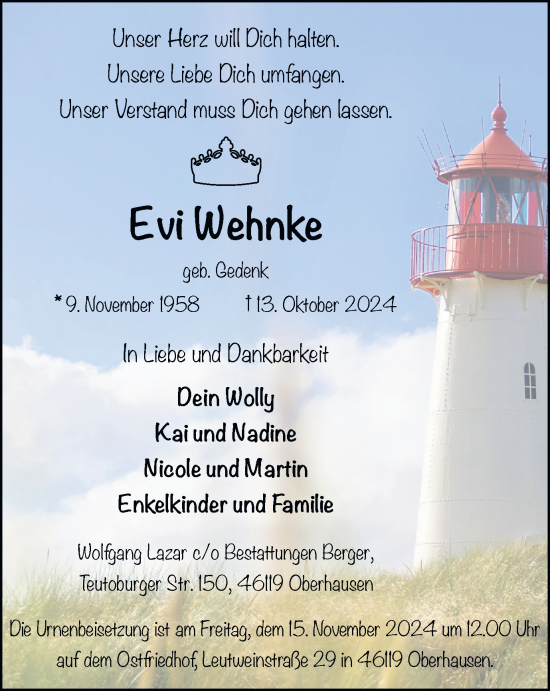 Traueranzeige von Evi Wehnke von Tageszeitung
