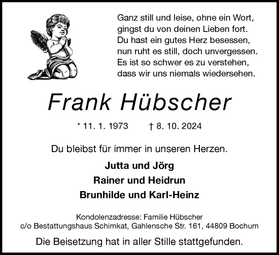 Traueranzeige von Frank Hübscher von Tageszeitung
