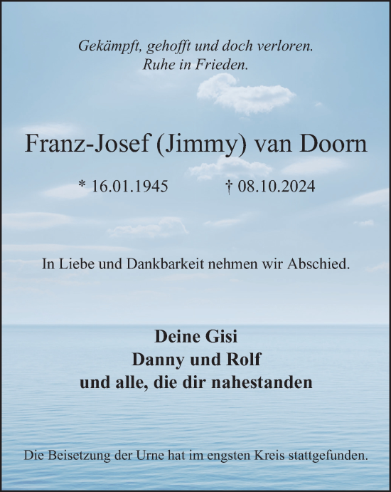 Traueranzeige von Franz-Josef van Doorn von Tageszeitung