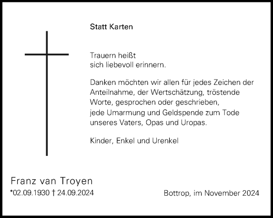 Traueranzeige von Franz van Troyen von Tageszeitung