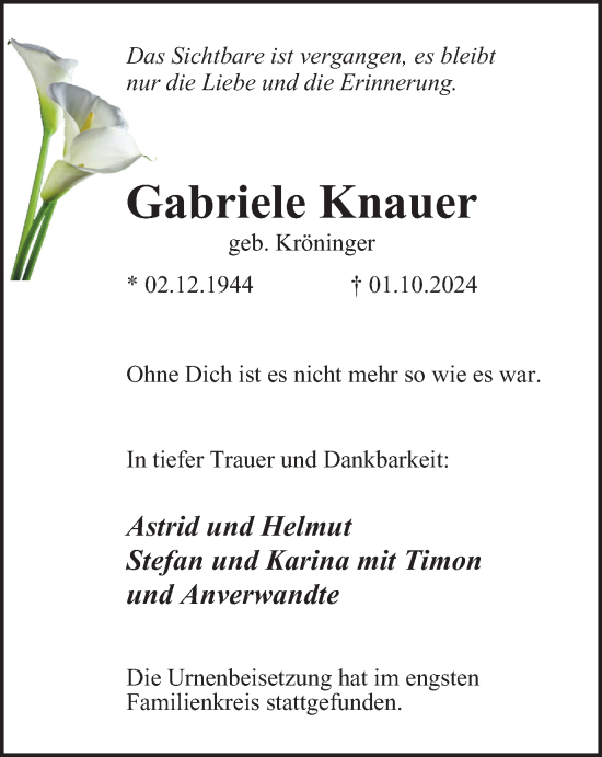 Traueranzeige von Gabriele Knauer von Tageszeitung