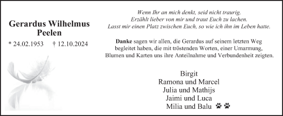 Traueranzeige von Gerardus Wilhelmus Peelen von Tageszeitung