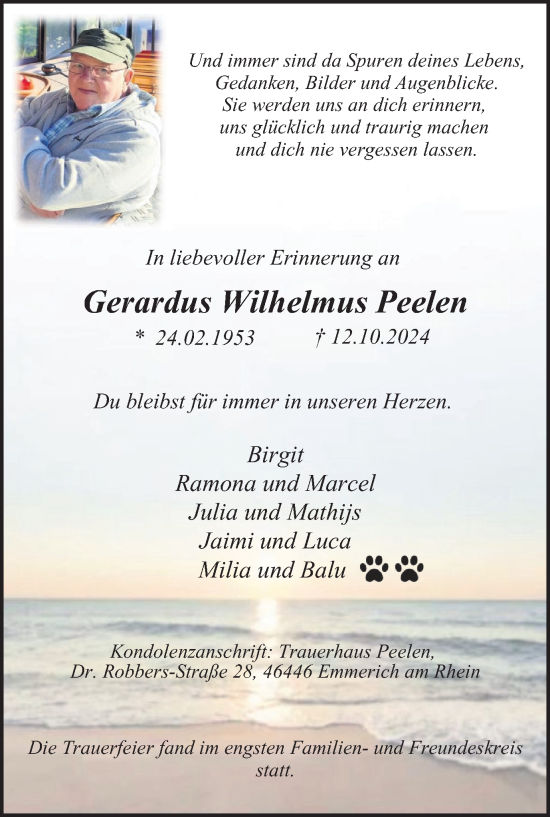 Traueranzeige von Gerardus Wilhelmus Peelen von Tageszeitung