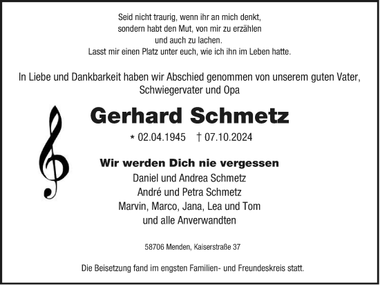 Traueranzeige von Gerhard Schmetz von Tageszeitung