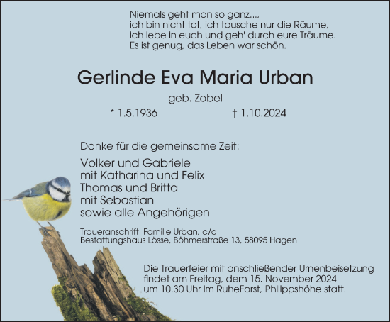 Traueranzeige von Gerlinde Eva Maria Urban von Tageszeitung