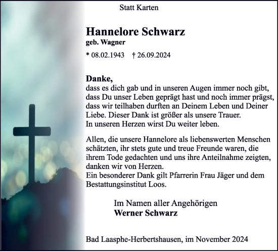 Traueranzeige von Hannelore Schwarz von Tageszeitung