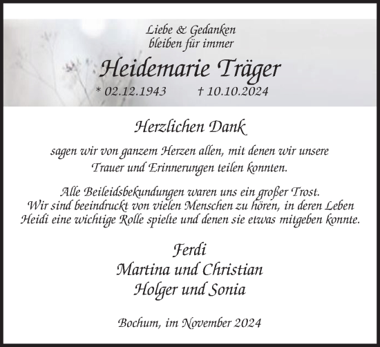 Traueranzeige von Heidemarie Träger von Tageszeitung