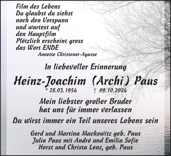 Traueranzeige von Heinz-Joachim Paus von Tageszeitung