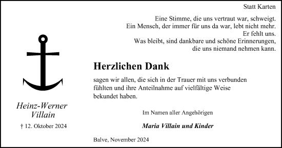 Traueranzeige von Heinz-Werner Villain von Tageszeitung