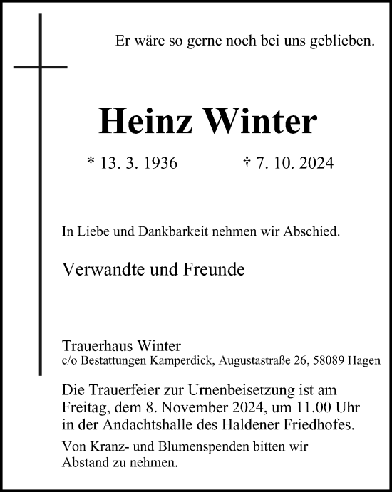 Traueranzeige von Heinz Winter von Tageszeitung
