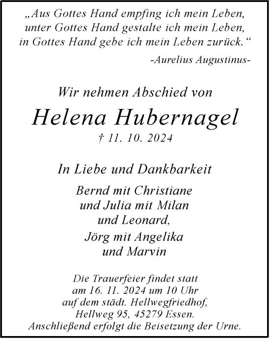 Traueranzeige von Helena Hubernagel von Tageszeitung