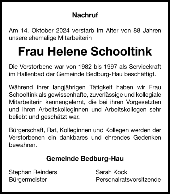 Traueranzeige von Helene Schooltink von Tageszeitung