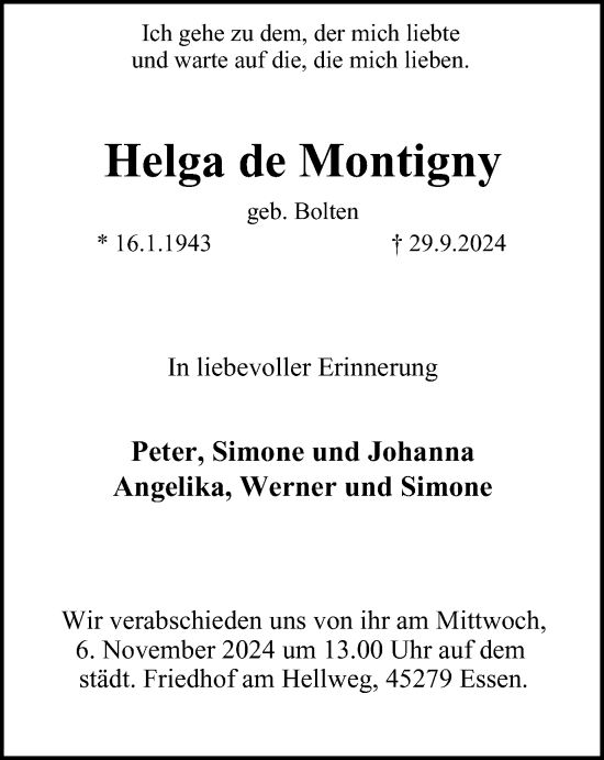 Traueranzeige von Helga de Montigny von Tageszeitung