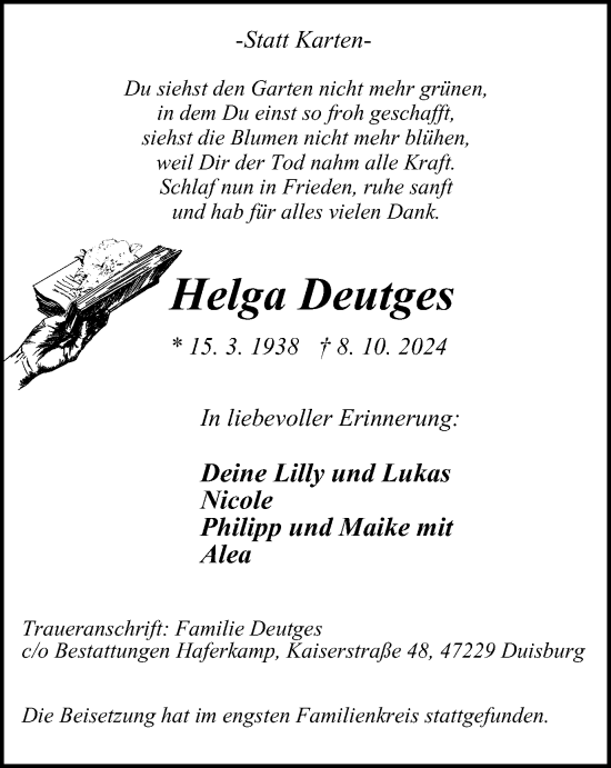 Traueranzeige von Helga Deutges von Tageszeitung