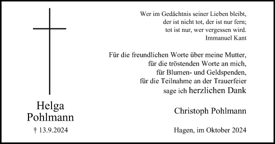 Traueranzeige von Helga Pohlmann von Tageszeitung