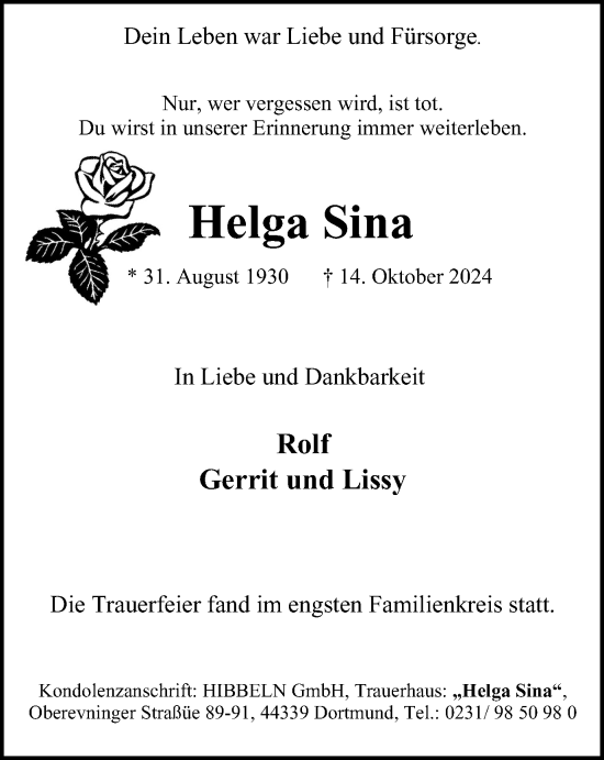 Traueranzeige von Helga Sina von Tageszeitung