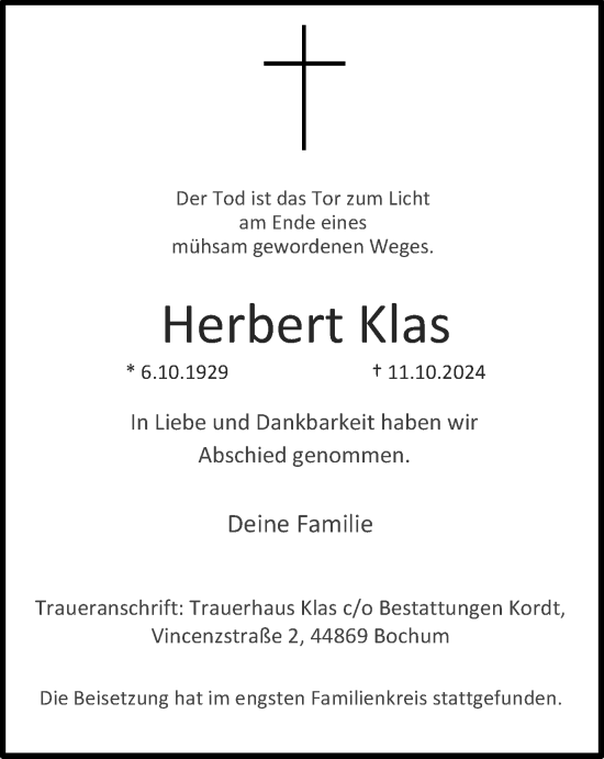 Traueranzeige von Herbert Klas von Tageszeitung