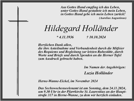 Traueranzeige von Hildegard Holländer von Tageszeitung