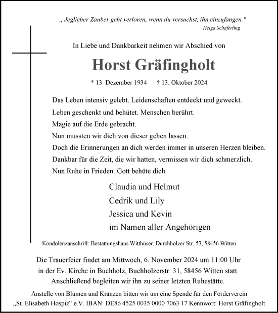 Traueranzeige von Horst Gräfingholt von Tageszeitung