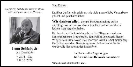 Traueranzeige von Irma Schlabach von Tageszeitung