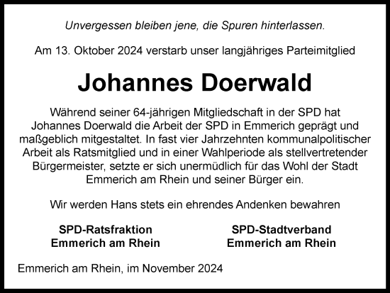 Traueranzeige von Johannes Doerwald von Tageszeitung