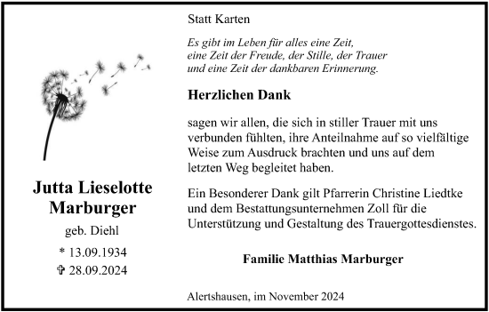 Traueranzeige von Jutta Lieselotte Marburger von Tageszeitung