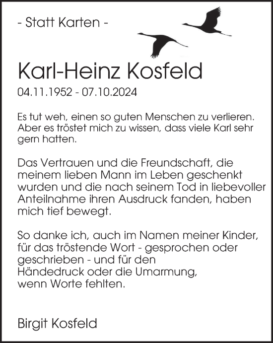 Traueranzeige von Karl-Heinz Kosfeld von Tageszeitung