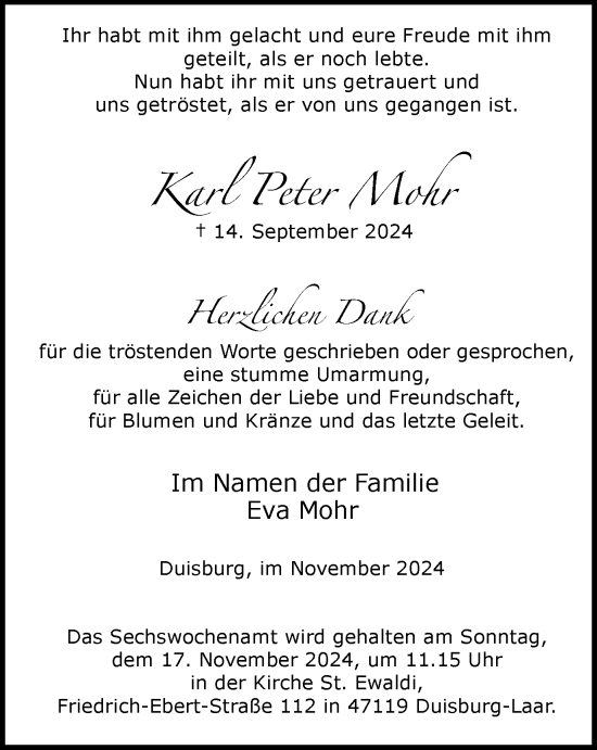 Traueranzeige von Karl Peter Mohr von Tageszeitung