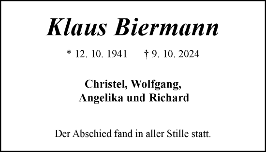 Traueranzeige von Klaus Biermann von Tageszeitung