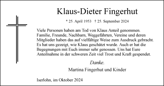 Traueranzeige von Klaus-Dieter Fingerhut von Tageszeitung